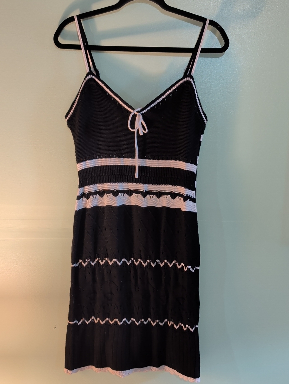 Black And White Knit Spaghetti-Strap Mini Sweater Dress